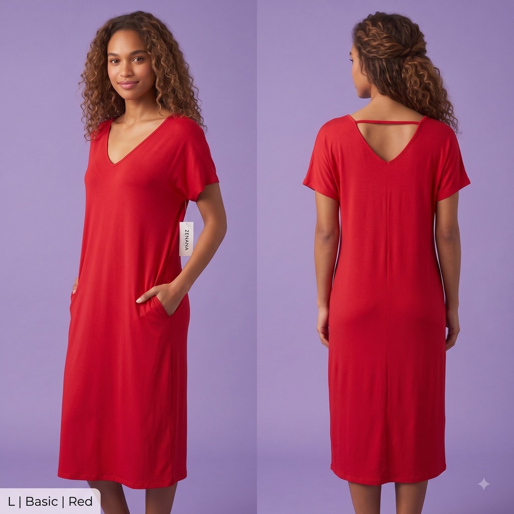 Zenana Premium Red V-Neck T-Shirt Dress Short Sleeve Side Pockets Stretch Midi L